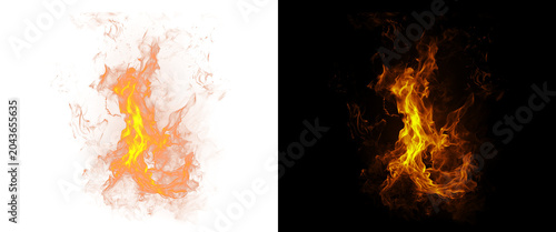 Realistic fire flames isolated on black and white background, burning orange fire element, hot glowing campfire blaze for photo compositing