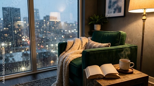 Cozy city apartment living room on a rainy evening