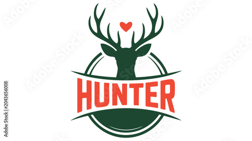 Deer Head Logo with Antlers Holding a Small Heart and Curved Text Reading Hunter in Red Featuring Stag, Hunting, Sports Emblem with Outdoors