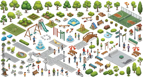 Isometric park elements set with trees playground equipment sports courts benches and people for urban landscape design vector illustration