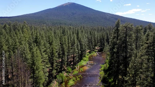 A drone view of Black Butte and the Metolius River near Camp Sherman in the central Oregon Cascade Range