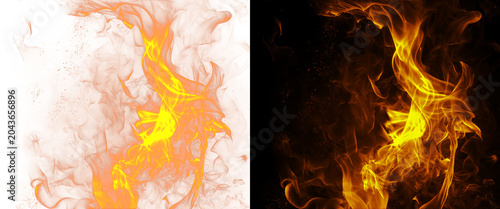 Tableau sur toile Dynamic fire flames on black and white backgrounds, blazing orange heat textures