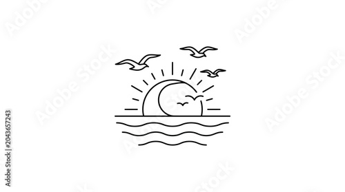 Minimalist line art illustration featuring a rising sun over ocean waves with flying seagulls.