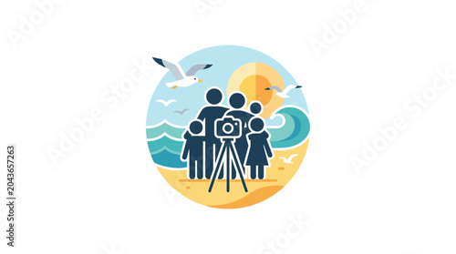 Foto A family standing together behind a camera on a tripod.