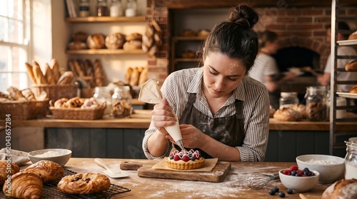 Woman decorating tart with berries in bakery kitchen