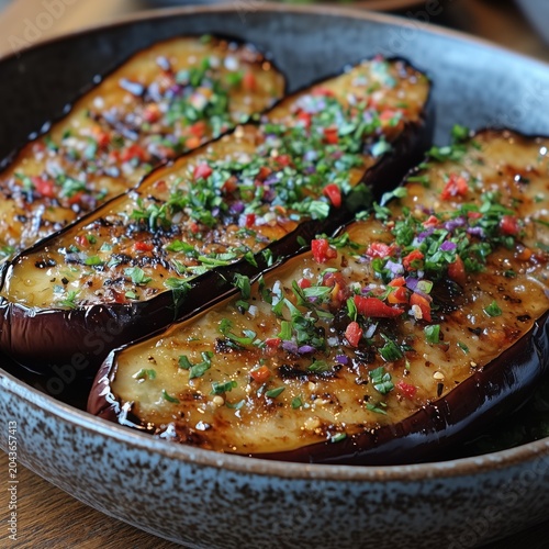 Pan-fried eggplant slices served in a bowl