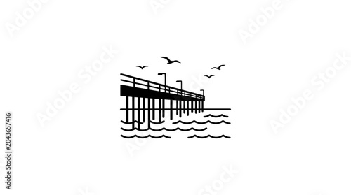 Foto A minimalist black and white line art illustration of a wooden pier over ocean waves with flying seagulls