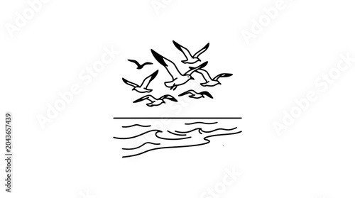 Photography A simple line art illustration of a flock of seagulls flying over ocean waves