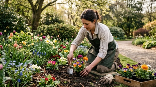 Woman kneeling planting colorful flowers in garden