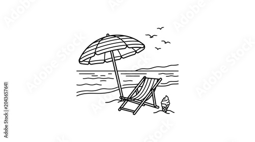 Bild auf Leinwand Hand drawn beach scene with a striped umbrella and lounge chair.