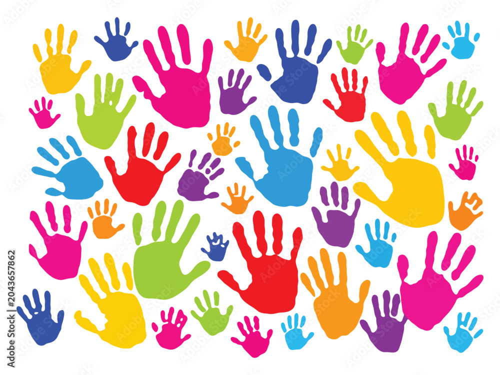 Fototapeta premium Colorful handprint set with various multi colored palm prints.