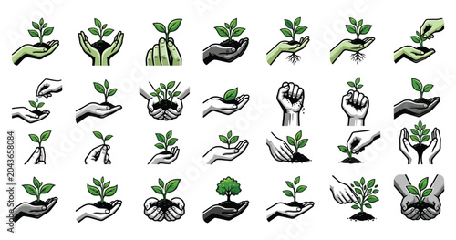 Canvastavla World Environment Day Hand Planting Flat Icons Set, Eco Conservation and Sustainability Vector Collection