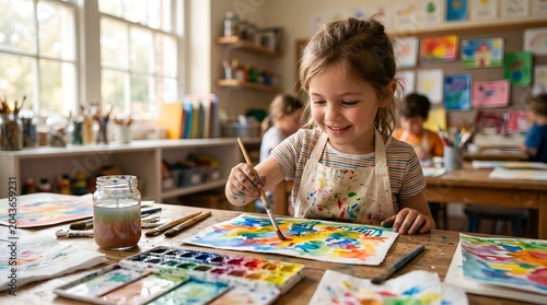 Child painting with watercolors in art classroom setting