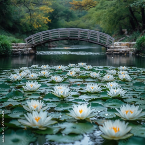 Arched garden bridge over pond with water lilies