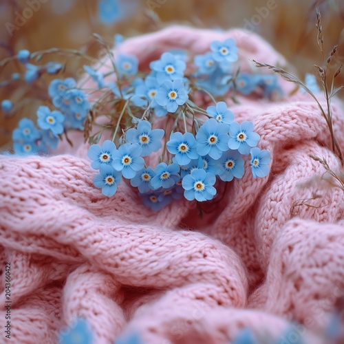 Blue blossoms on white knitted sweater texture