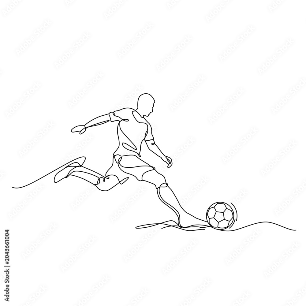 Naklejka premium Minimalist continuous one line drawing of a soccer player kicking a football. outline design with dynamic movement, perfect for posters, prints, t-shirts, logos, stickers, sports branding, wall art