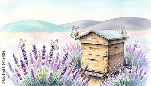 lavender field with a rustic wooden beehive 