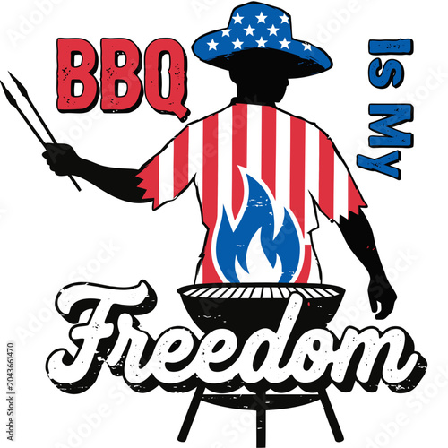 BBQ freedom illustration with grill master in american flag shirt and hat.