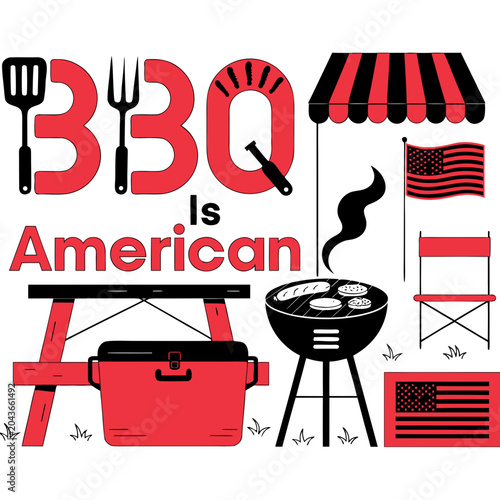 BBQ is american text with grill cooler picnic table chairs and usa flag for outdoor event.