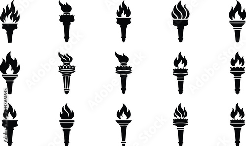 Photos Burning Torch Icons Set with Flaming Fire Symbols for Sports Logos and Freedom D