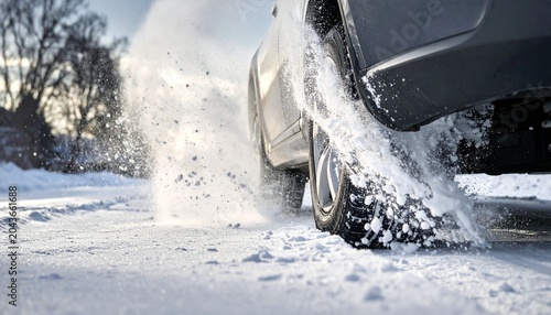 Close-up of a car driving on a snowy road with snow splashing from the tires.