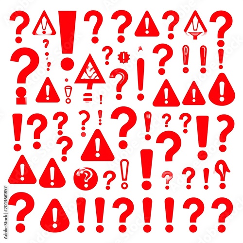 A collection of various red warning symbols and punctuation marks on a white background