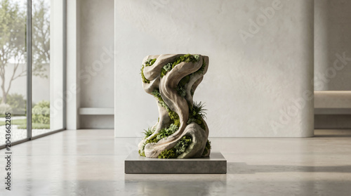 Abstract organic stone sculpture with green moss and ferns displayed on a plinth in a minimalist modern gallery interior with natural light