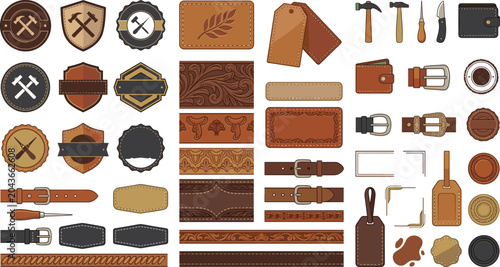 Tableau sur toile Vintage Leather Craft Vector Collection Featuring Handmade Labels, Rustic Belt Elements And Artisan Workshop Decorative Badges