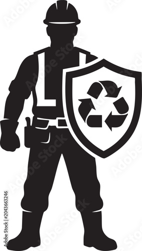 Construction worker holding a shield with a recycling symbol