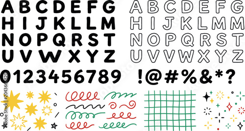 Hand drawn alphabet set with solid black letters outline typography numbers symbols grid textures stars and colorful scribbles vector illustration