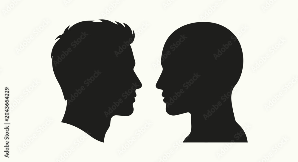 Fototapeta premium Two human head silhouettes facing each other on a white background