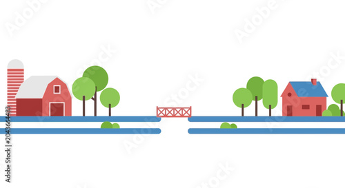 Konstfotografi Flat design farm landscape with red barn, silo, trees, and bridge