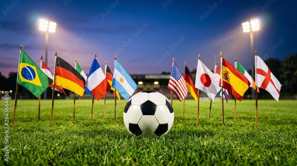 Fototapeta premium Soccer ball on green field with international flags under stadium lights at dusk