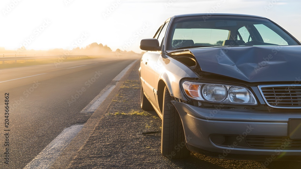 Fototapeta premium Damaged Car on Side of Road with Hood Up at Sunset