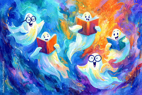 Ghosts Reading Books in Colorful Swirl Background Halloween Celebration