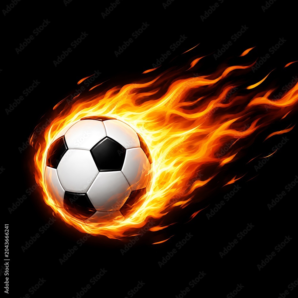 Fototapeta premium Fiery soccer ball blazing with dynamic flames on black background symbolizing speed, energy, passion, and intense sports excitement