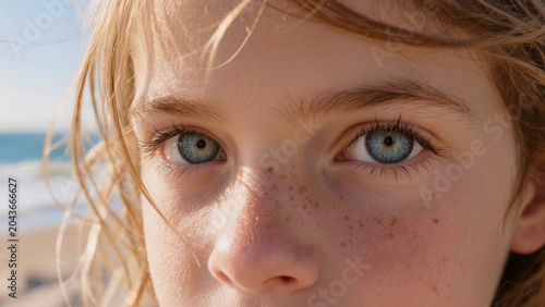 Close-up of a freckled face with blue eyes and windblown hair, set against a sunlit beach and ocean background.
