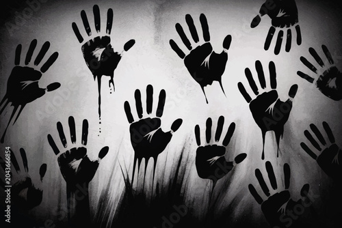 Abstract horror backdrop featuring creepy hand print silhouettes on a dark wall.