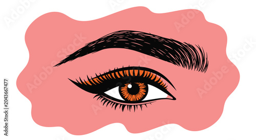 Striking close-up illustration shows a human eye with bold orange shadow and dramatic winged eyeliner set against a soft pink background.