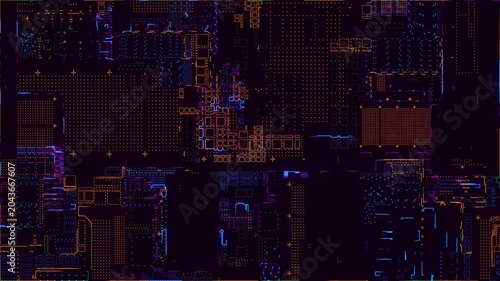 An abstract digital microcircuit with animated neon pulses and data flows. Visualization of a microcircuit and futuristic cyberspace. Elements of a printed circuit board.