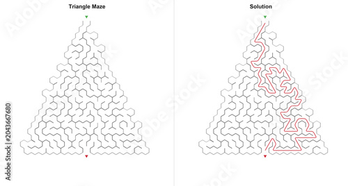Картината върху платно Triangle maze and red solution track in minimalist vector style, black and white