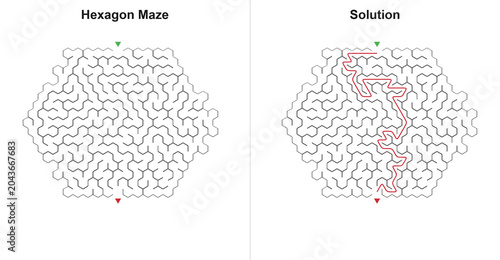 Картината върху платно Adult hex maze labyrinth board and answered track in flat line drawing style, da