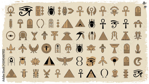 Collection of flat style ancient egyptian hieroglyph symbols and icons Vector