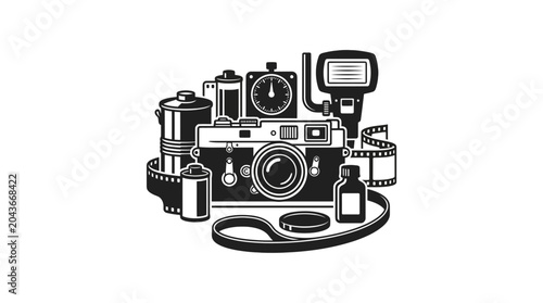 Schilderij op canvas Vintage film photography equipment collection featuring a classic camera and accessories