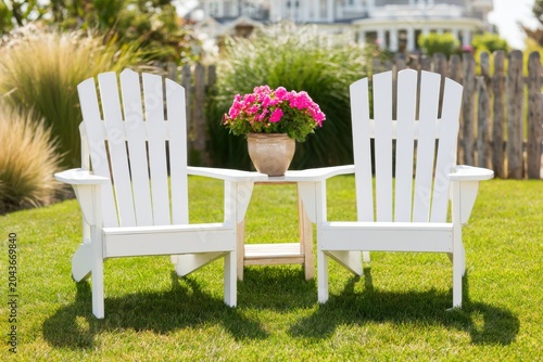 Two classic white Adirondack chairs positioned on a lush green lawn with a small table and a potted pink flower arrangement in a serene outdoor setting