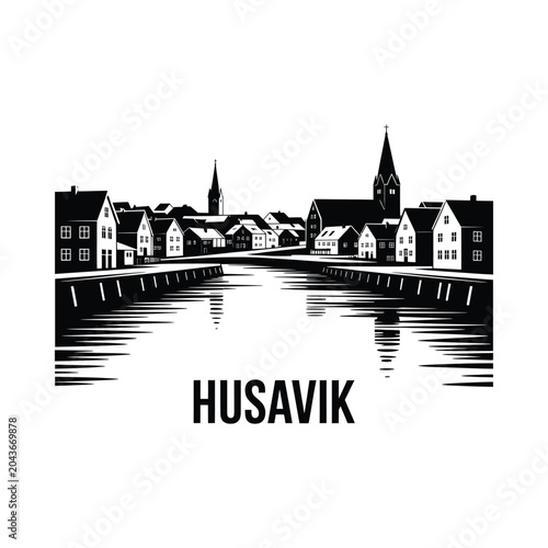 Vászonkép husavik town skyline silhouette black white vector