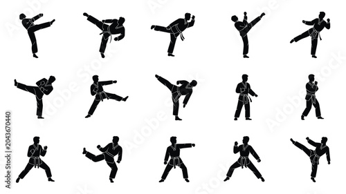 Canvastavla Set of 15 Black Martial Arts Kicks and Punches Silhouettes Vector