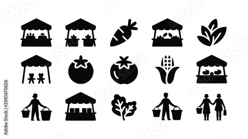 Set of 15 Black Farmers Market and Produce Vector Icons