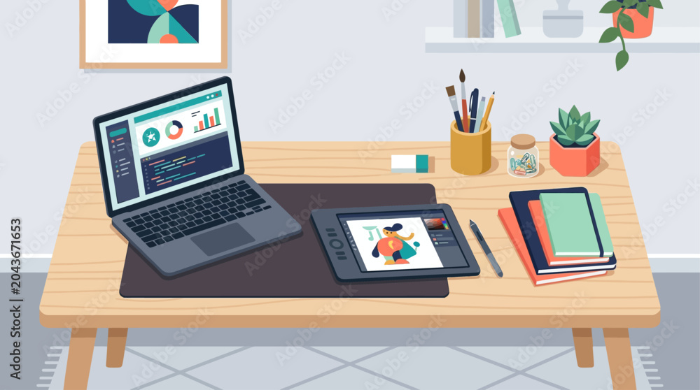 Fototapeta premium An overhead flat design illustration showcasing a creative minimalist desk setup, complete with an open laptop, a digital drawing tablet, and abstract art supplies.