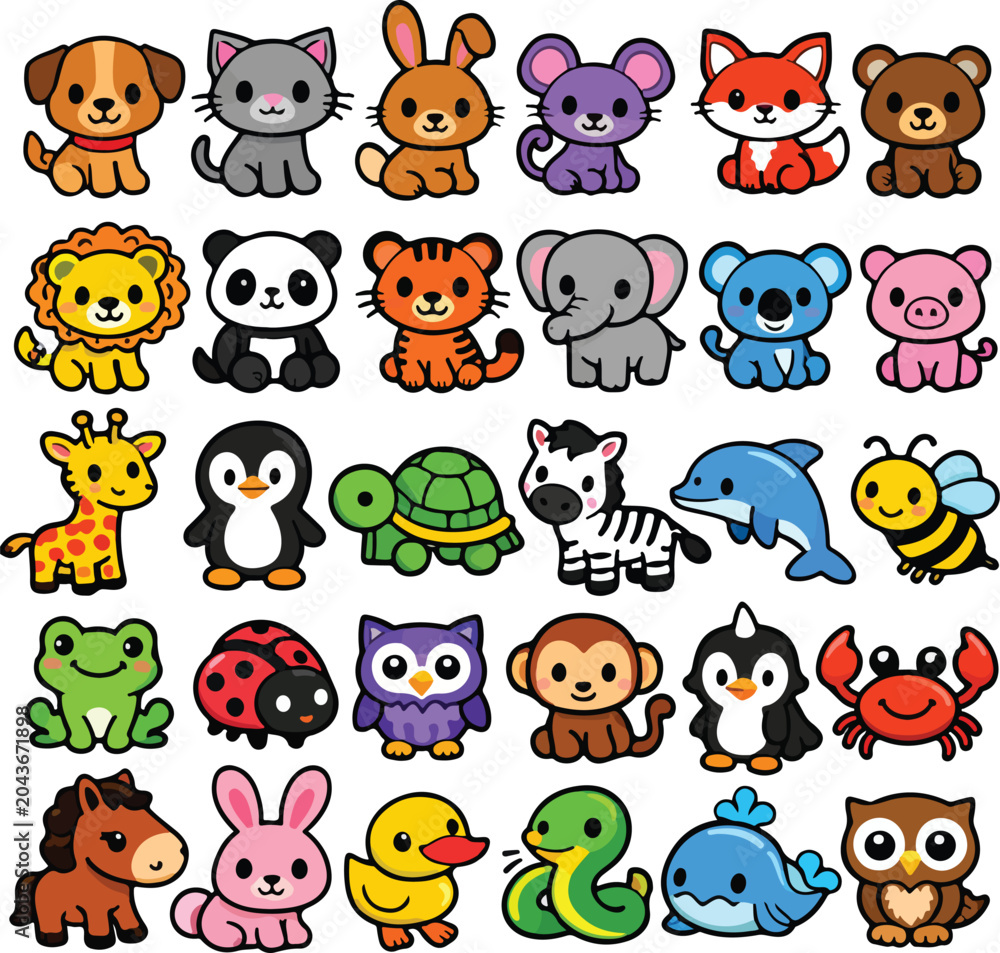 Fototapeta premium Collection of Cute Cartoon Animal Icons in a Vibrant, Playful Style